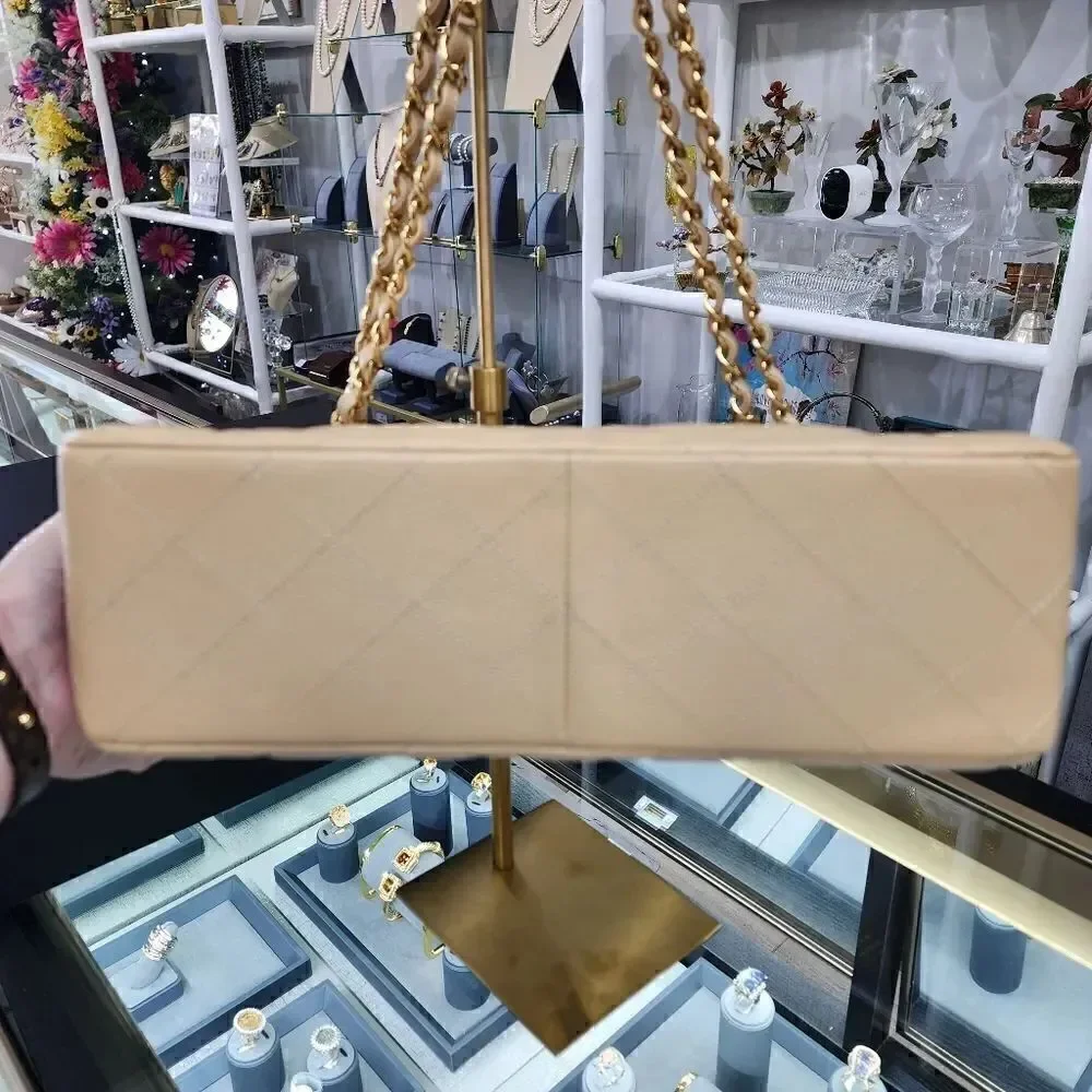 NWTS!AUTHENTIC Chanel Double Flap Beige Caviar Quilted Gold Purse/Shoulder Bag
